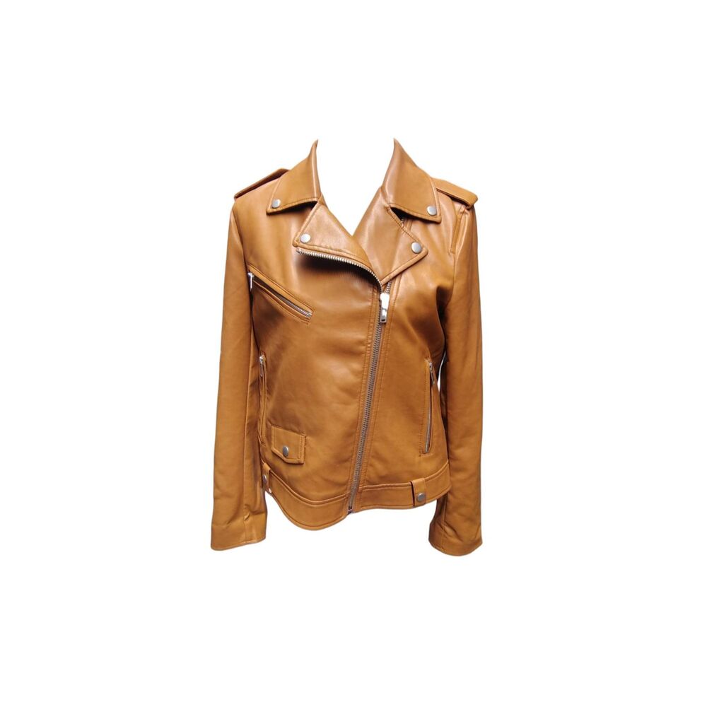 7 For All Mankind Tan Vegan Faux Leather Moto Jacket Women's Small Biker Zip